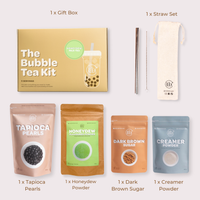 Bubble tea kit with packaging and components on a white background