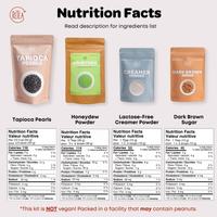 Nutrition facts labels for tapioca pearls, honeydew powder, lactose-free creamer powder, and dark brown sugar with product packaging.