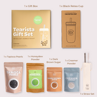 Tearista gift set with packaging and contents on a white background