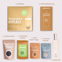 Tearista gift set with packaging and tea-making ingredients on a white background