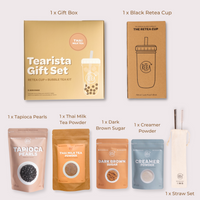 Tearista gift set with packaging and tea-making ingredients on a white background