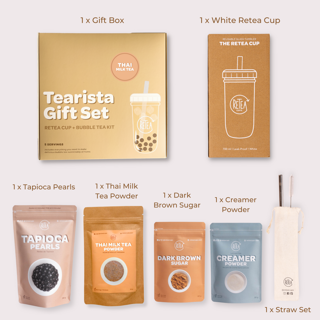 Tearista gift set with packaging and tea-making ingredients on a white background