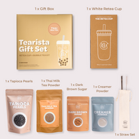 Tearista gift set with packaging and tea-making ingredients on a white background