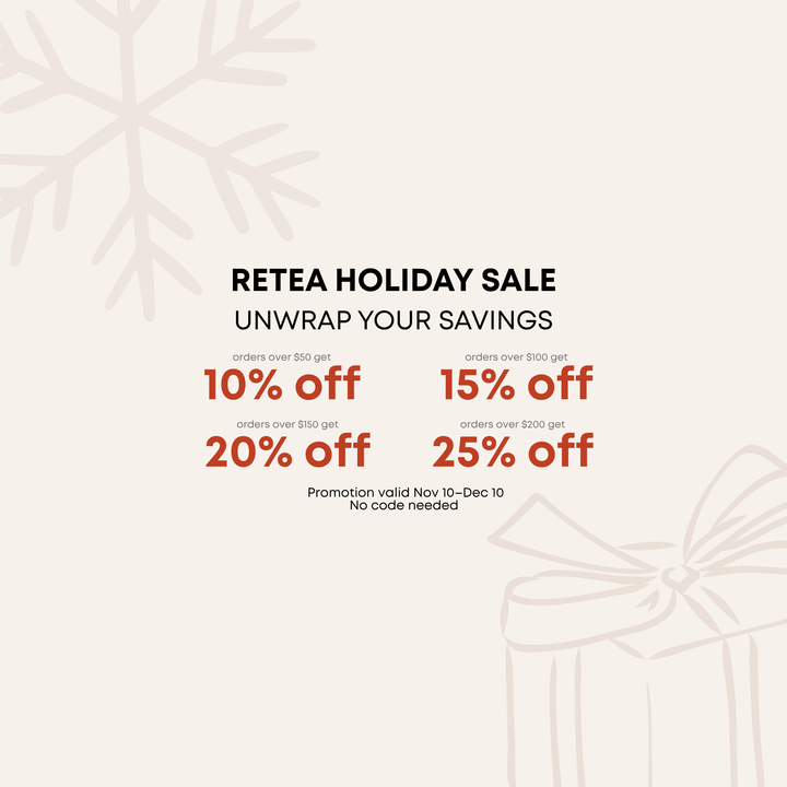 Retrea Holiday Sale advertisement with discount percentages on a light background