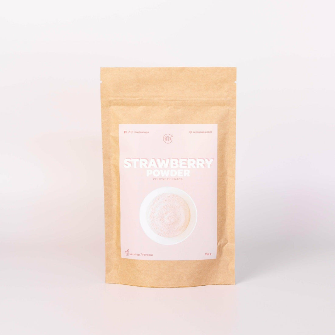 Recyclable paper packaging, pink strawberry powder product tag, 5 servings strawberry milk bubble tea powder