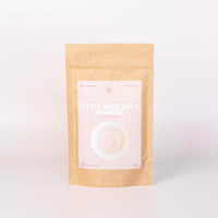 Recyclable paper packaging, pink strawberry powder product tag, 5 servings strawberry milk bubble tea powder