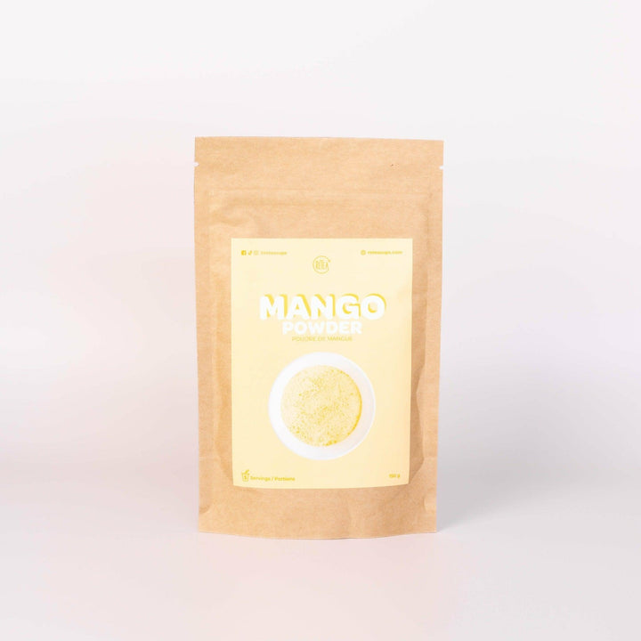 Recyclable paper packaging, yellow mango powder product tag, 5 servings mango milk bubble tea powder